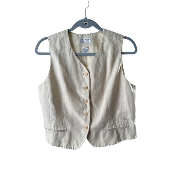 Preview Collection Jackets & Blazers - Preview Collection Vintage 100% Linen Vest Beige Button Front Waistcoat Large